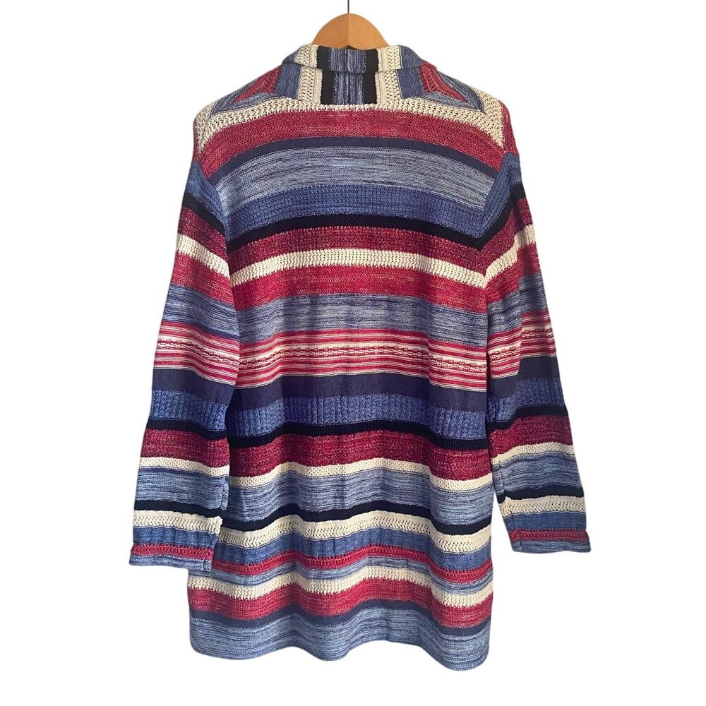 J. Jill Women 2X Shawl Collar Duster Cardigan Cotton Linen Blue Red Striped Cozy - Picture 5 of 8